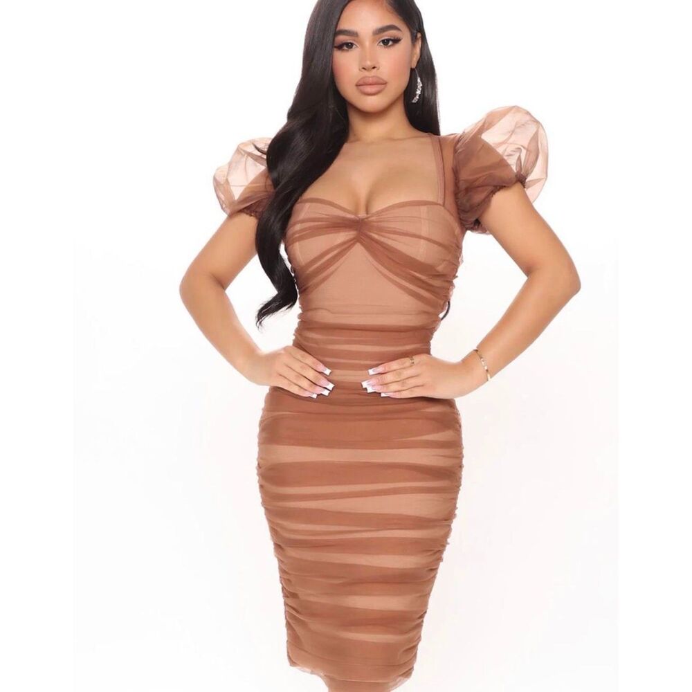 Fashion Nova Mesh Ruched Puff Sleeve Bodycon Midi Dress Brown Nude Large